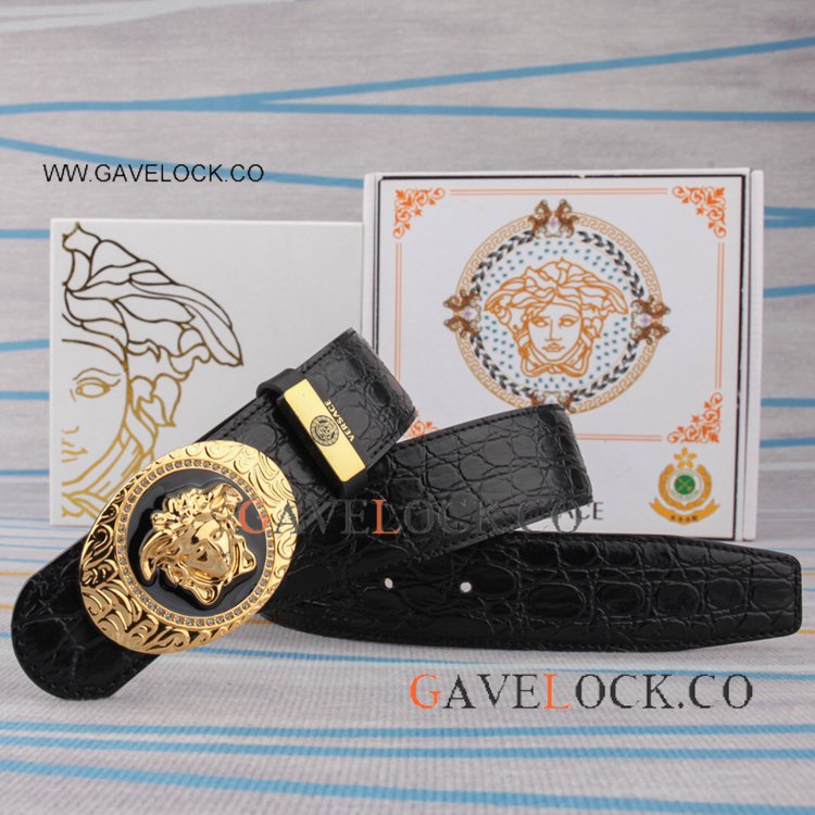 AAA Replica Versace Gold head Calfskin Belt with Diamond